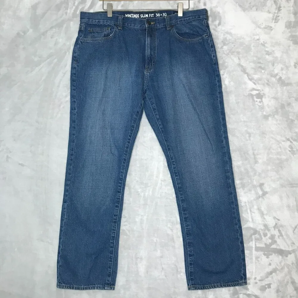 Chaps Denim Vintage Slim Fit Mens 38*30 Blue 100% Cotton Pockets Flat Front
